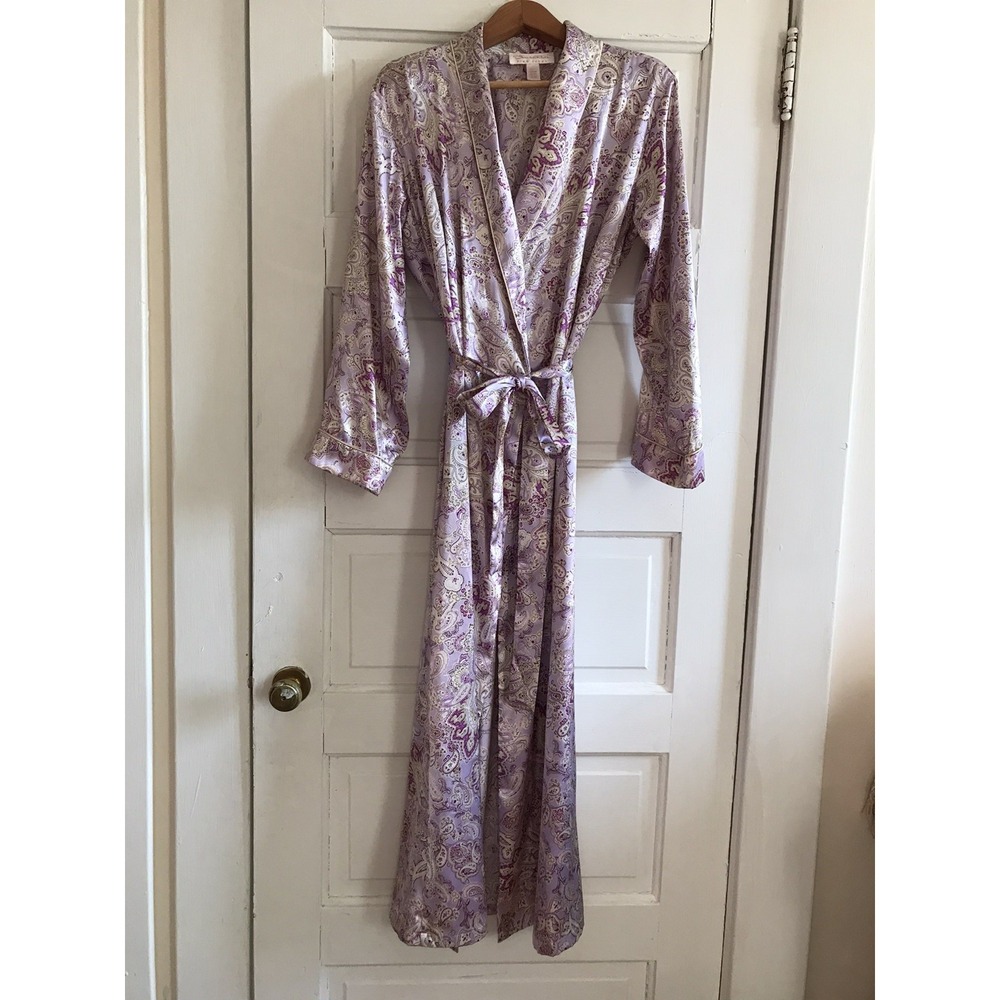 Vtg 90s Oscar de la Renta Pink Label Satin Paisley Floral Robe Purple Pink Sz SM